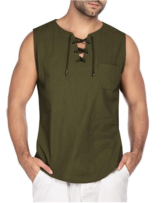 New Men's Sleeveless Shirt Lace-Up Cotton And Linen Short Sleeve T-Shirt